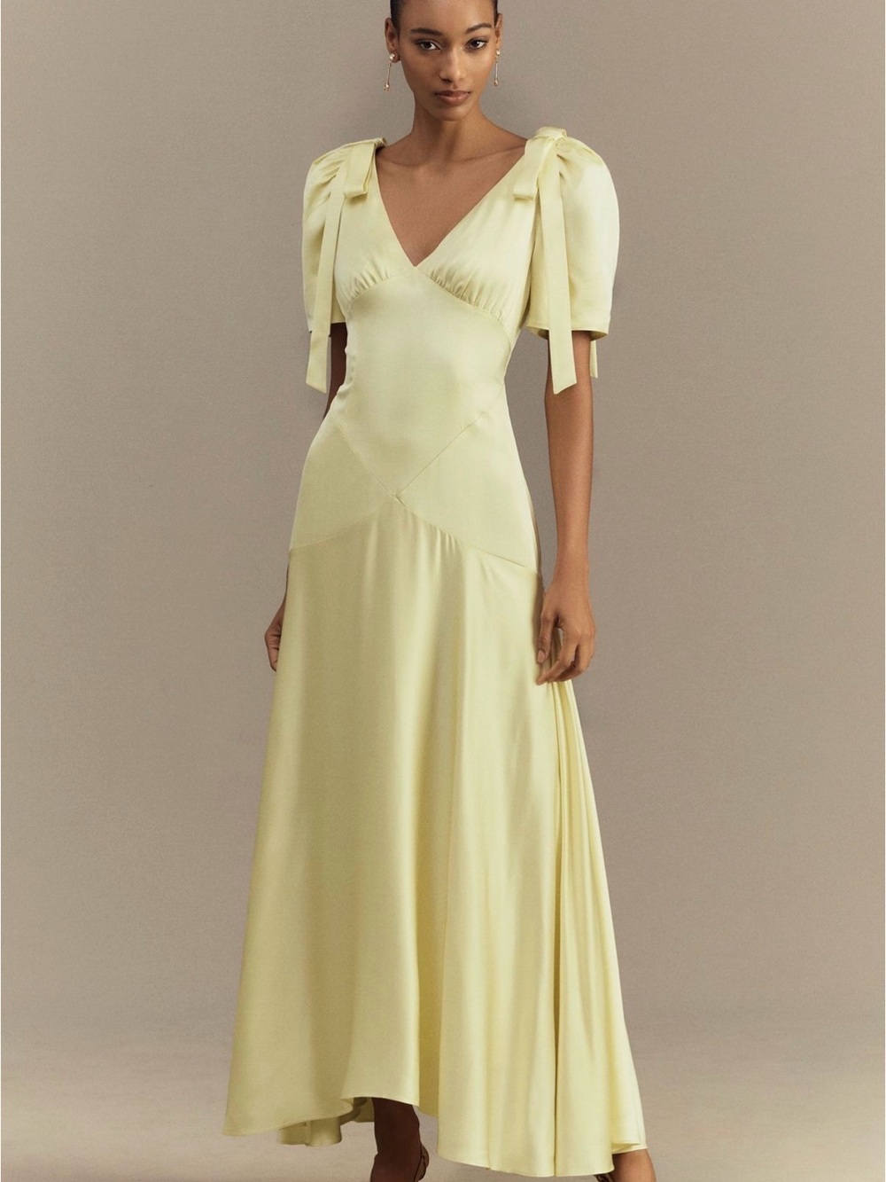 Mare Mare Bree Puff-Sleeve V-Neck Satin Slip Midi Dress
